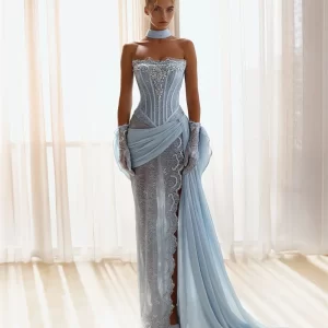 kf-S185e3b58b4e44304af93588f2eb5d62bW Contessa Dubai Customized Blue Column Prom Dress With Shiny Beads Strapless Vestidos de noche Lace gloves Formal Evening 2025