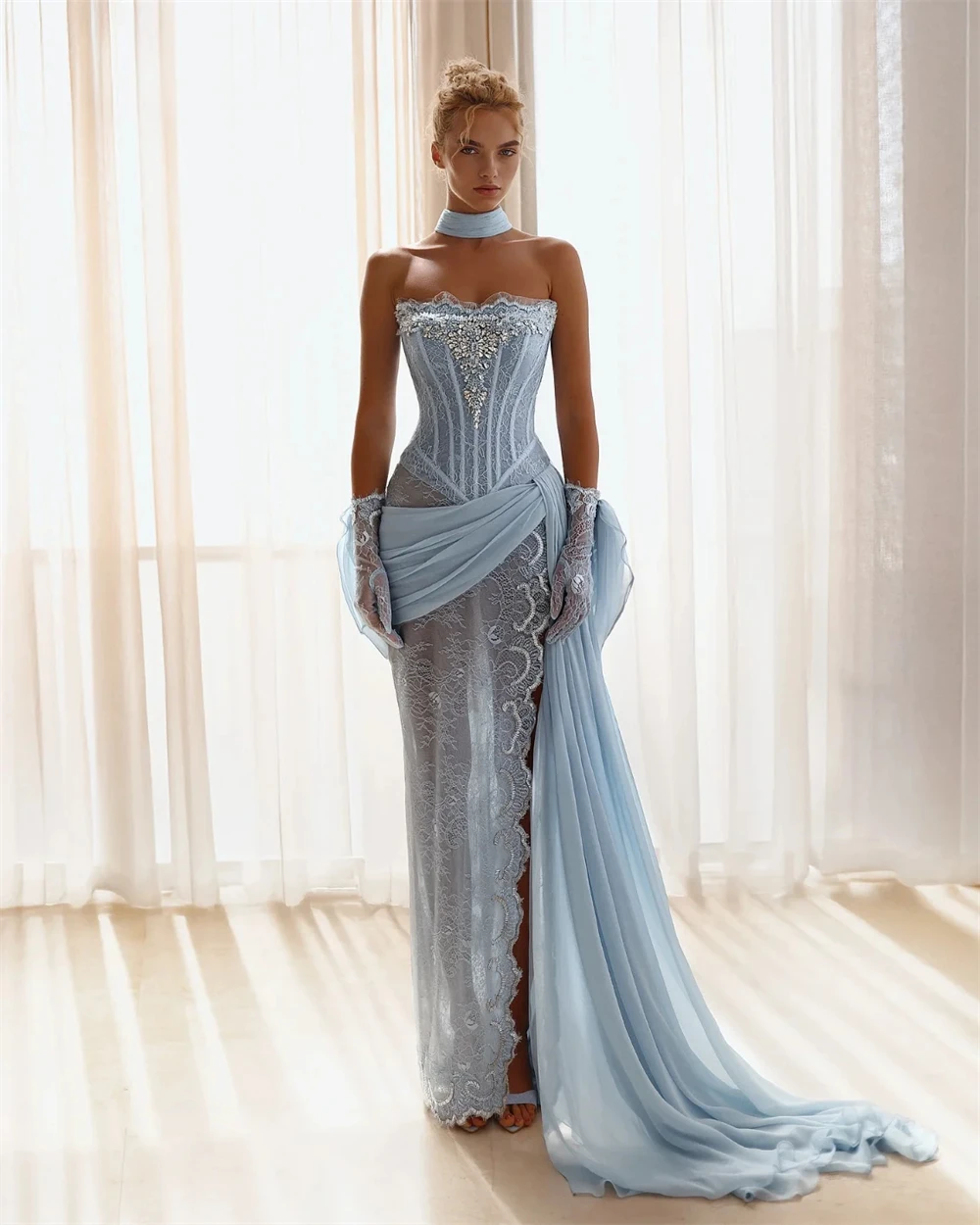 Contessa Dubai Customized Blue Column Prom Dress With Shiny Beads Strapless Vestidos de noche Lace gloves Formal Evening 2025