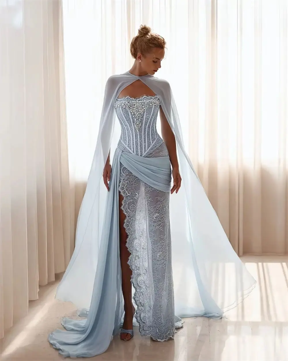 Contessa Dubai Customized Blue Column Prom Dress With Shiny Beads Strapless Vestidos de noche Lace gloves Formal Evening 2025 - Image 5