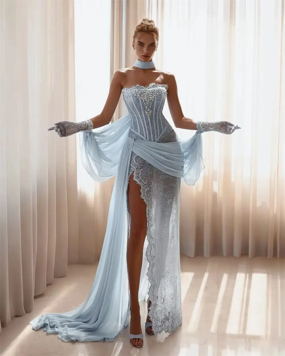 Contessa Dubai Customized Blue Column Prom Dress With Shiny Beads Strapless Vestidos de noche Lace gloves Formal Evening 2025 - Image 4