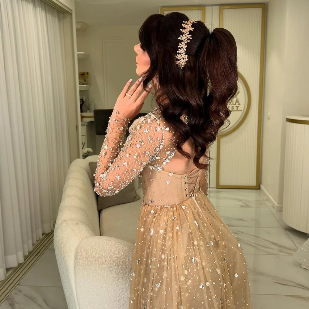Contessa Dubai Champagne Glitter Wedding Dress Strapless Backless vestidos de noche Long Sleeves فساتين سهرة Customized 2025 - Image 3
