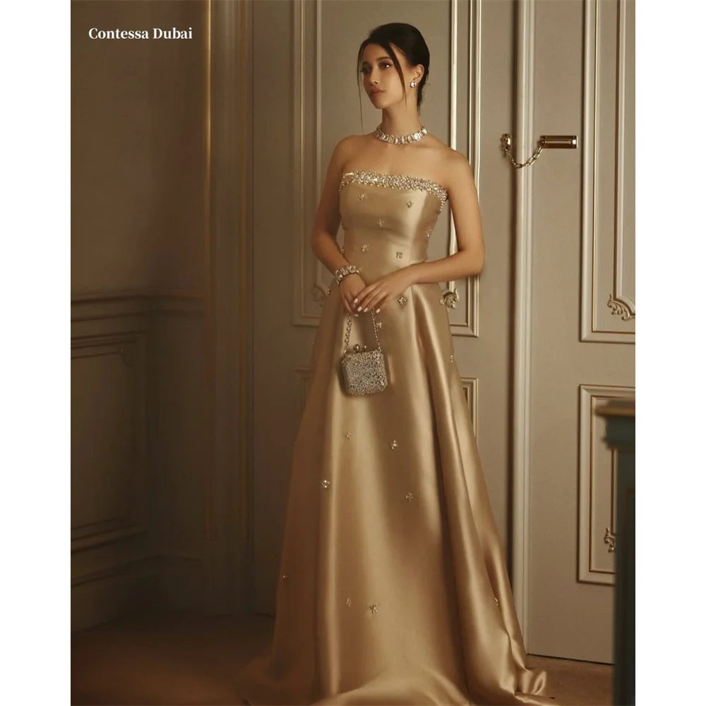 Contessa Dubai Champagne Gold A-line Glitter Prom Dresses Strapless Floral Customized فساتين سهرات Sweep Train robes de soirée