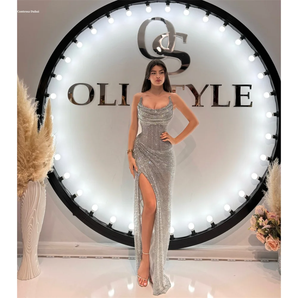 Contessa Dubai Custom Shiny Net Drill Column Prom Dress Elegant Slit vestidos de gala Waist pleats Formal evening events dress