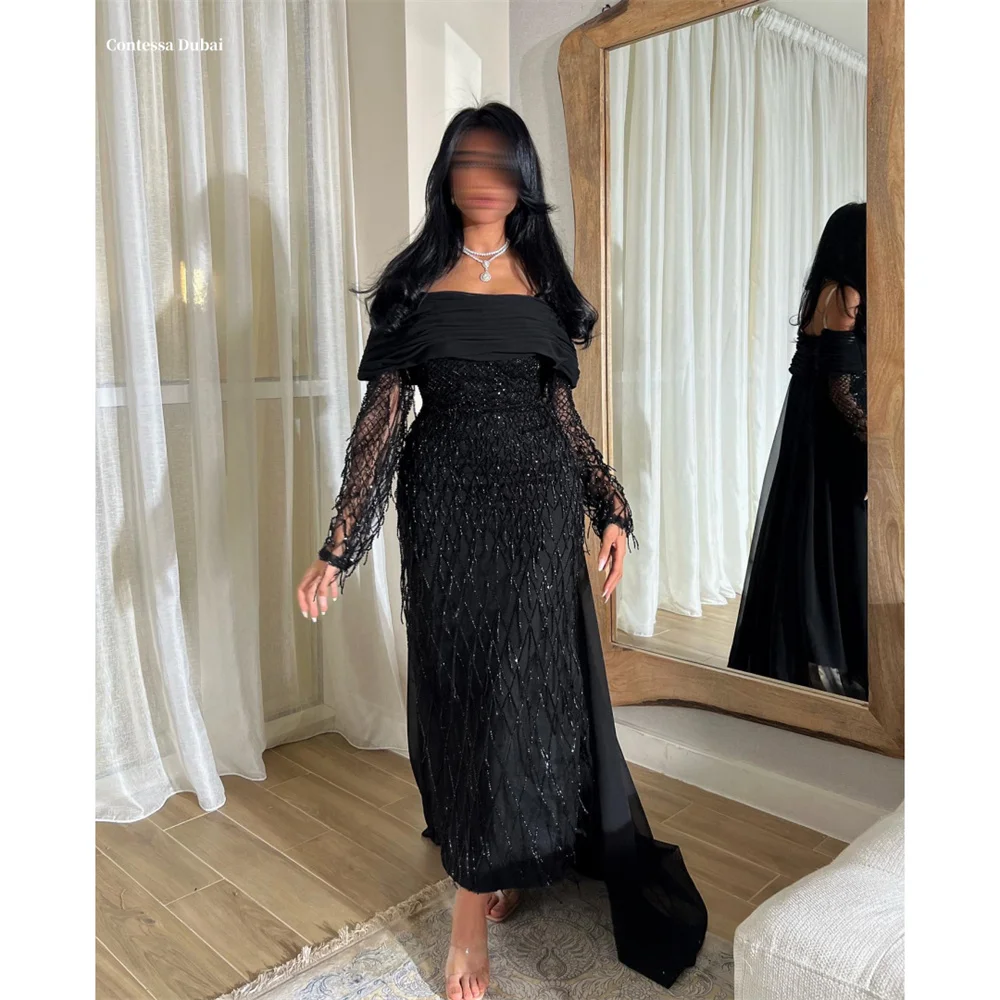 Contessa Dubai Luxury Off Shoulder Arabic Evening Dress Long Sleeves Customize Beading فساتين سهرة Ankle Length Party Gown 2025