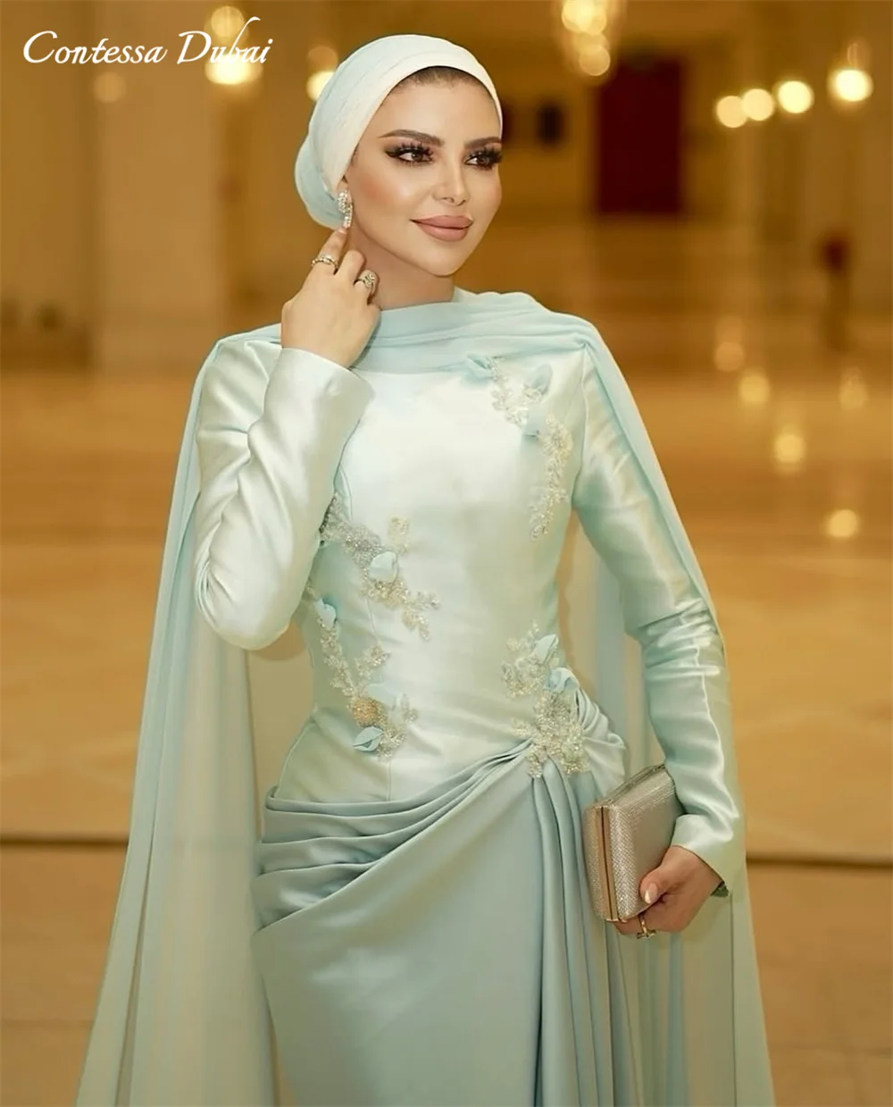 Contessa Dubai Custom Muslim Style Prom Dress With Elegant scarf Vestidos de noche Flower embroidery Formal evening dress 2025