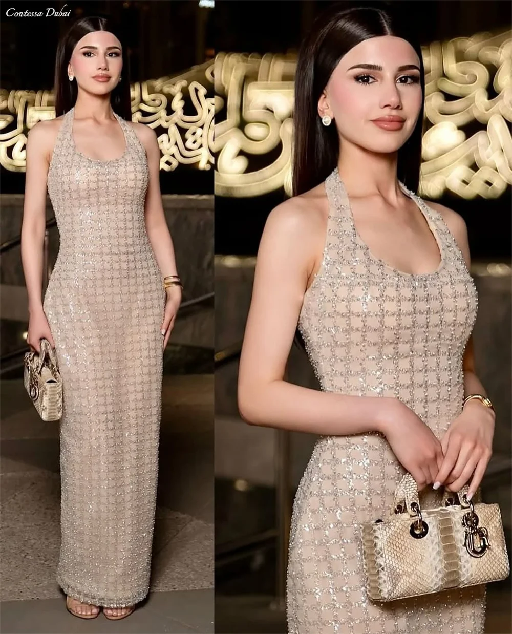 Contessa Dubai Custom Elegant Column Shiny Prom Dress Halter Neck Vestidos de noche Ankle-Length Formal evening dress 2025