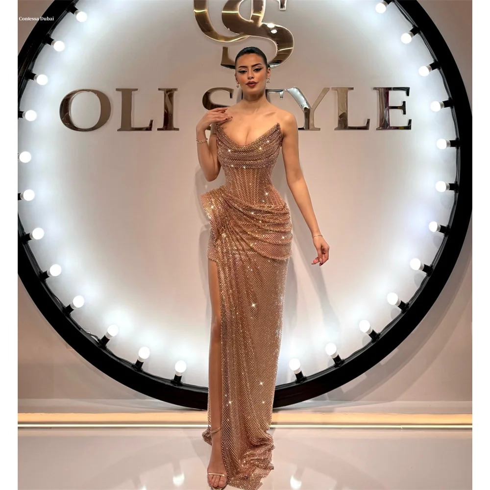 Contessa Dubai Customized Side High Slit Pleated Mermaid Prom Dress Floor-length Strapless Evening Dress Sleeveless Party Dress