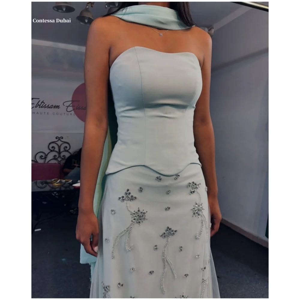 Contessa Dubai Glitter Long Silk Scarves Wedding Dress Strapless Long Sleeves vestidos de noche A-line فساتين سهرة Customized