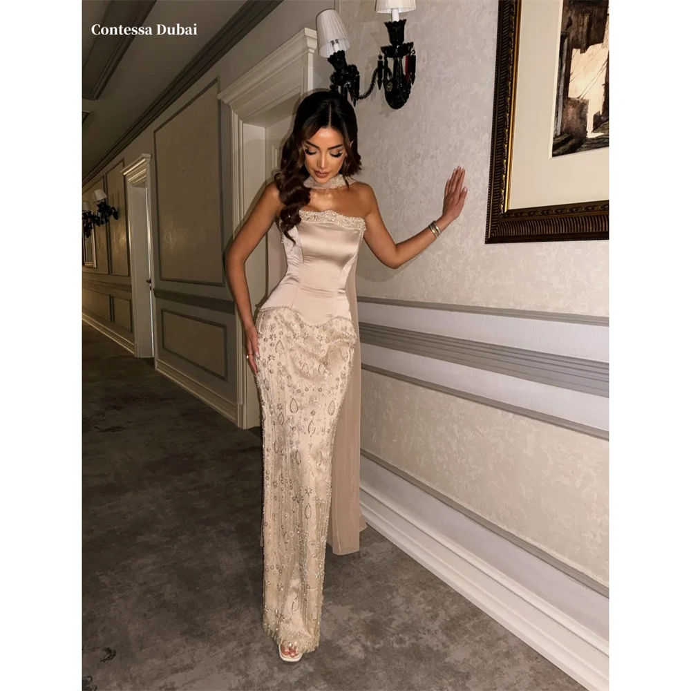 Contessa Dubai Champagne Vintage Bead Embroidery Prom Dress Strapless Neck Ribbonفساتين سهراتSheath Sweep Train Srobes de soirée